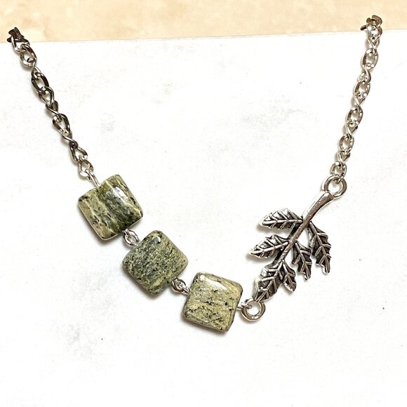 2/$20 Dark Green Serpentine Leaf Branch Necklace,Genuine Gemstone StainlessChain - Picture 1 of 13